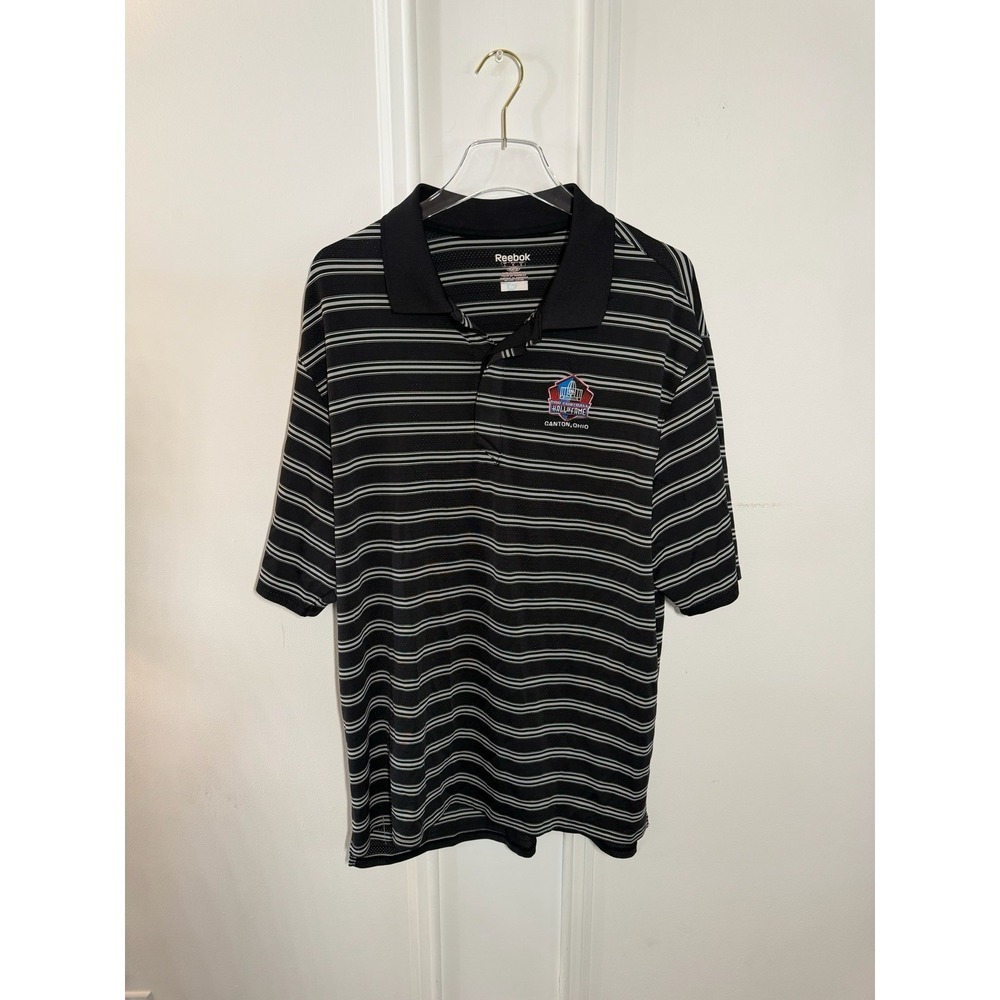 Reebok Pro Football Hall of Fame Canton Ohio Polo Shirt Mens Large Black Striped